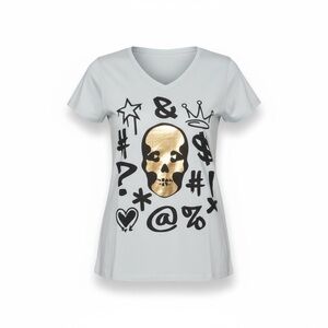 new me.n.u ☺︎︎ Graffiti Skull Foil Tee T Shirt ☺︎︎ Sky Blue ☺︎ Small 5 6 6X ☺︎